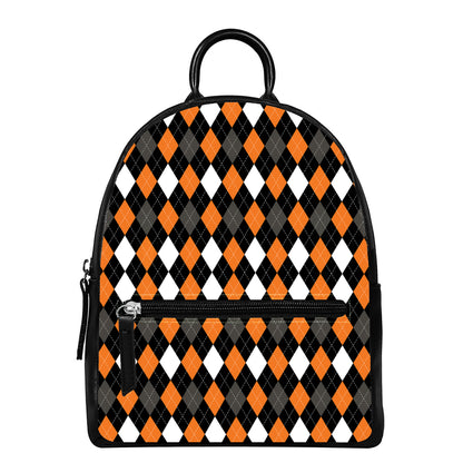 Orange Black Grey And White Argyle Print Leather Backpack
