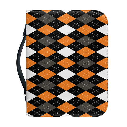 Orange Black Grey And White Argyle Print Leather Bible Cover