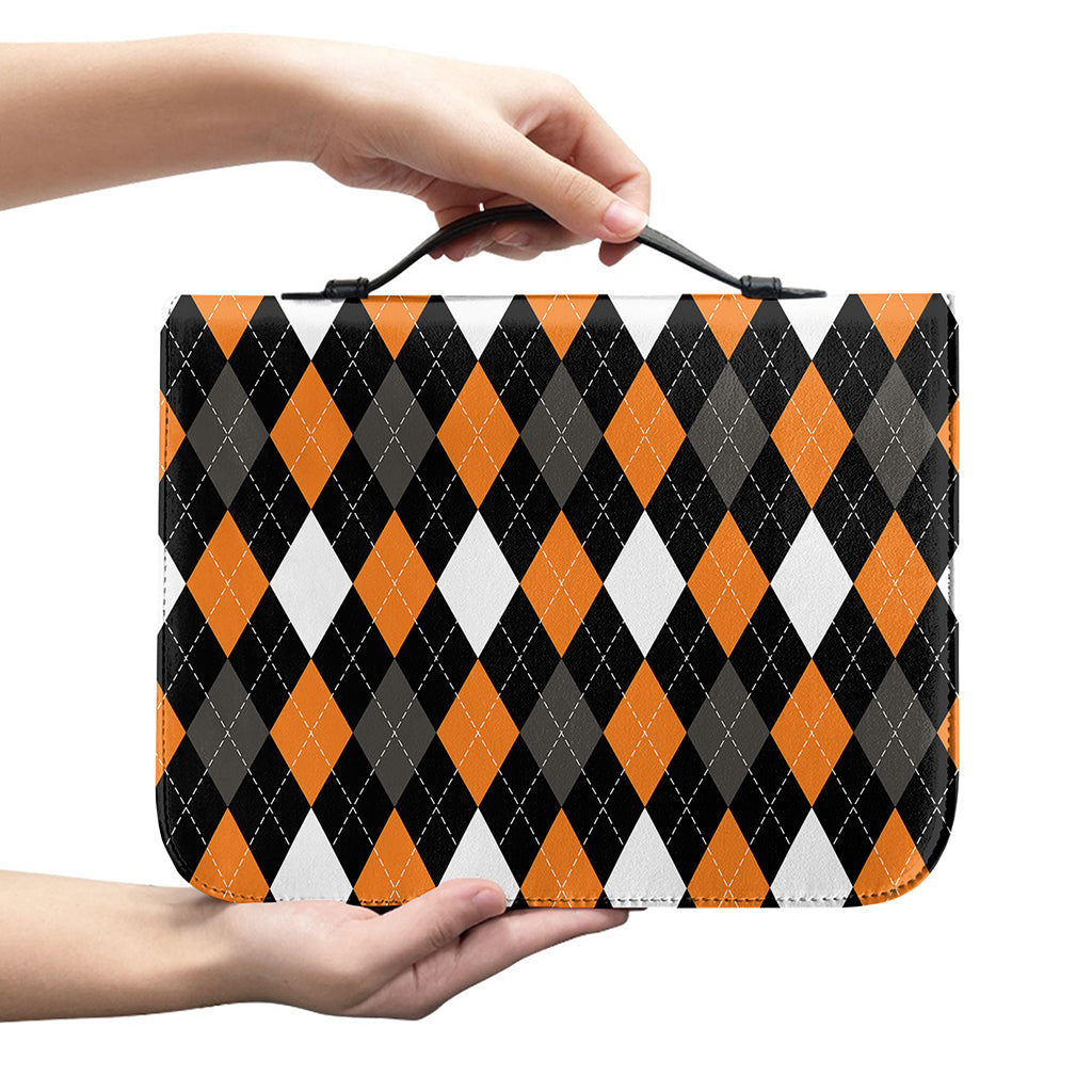 Orange Black Grey And White Argyle Print Leather Bible Cover