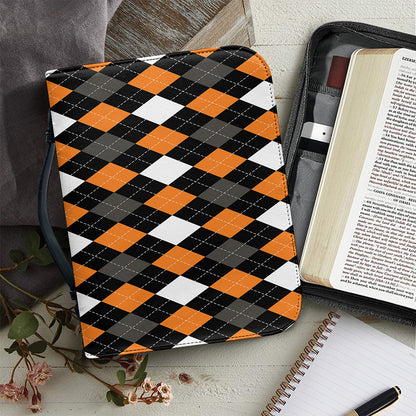 Orange Black Grey And White Argyle Print Leather Bible Cover