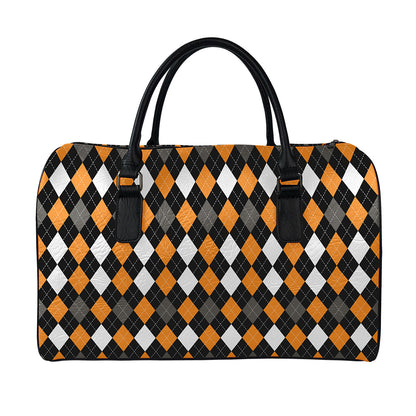Orange Black Grey And White Argyle Print Leather Duffle Bag