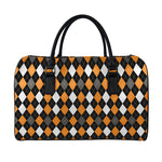 Orange Black Grey And White Argyle Print Leather Duffle Bag