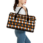 Orange Black Grey And White Argyle Print Leather Duffle Bag