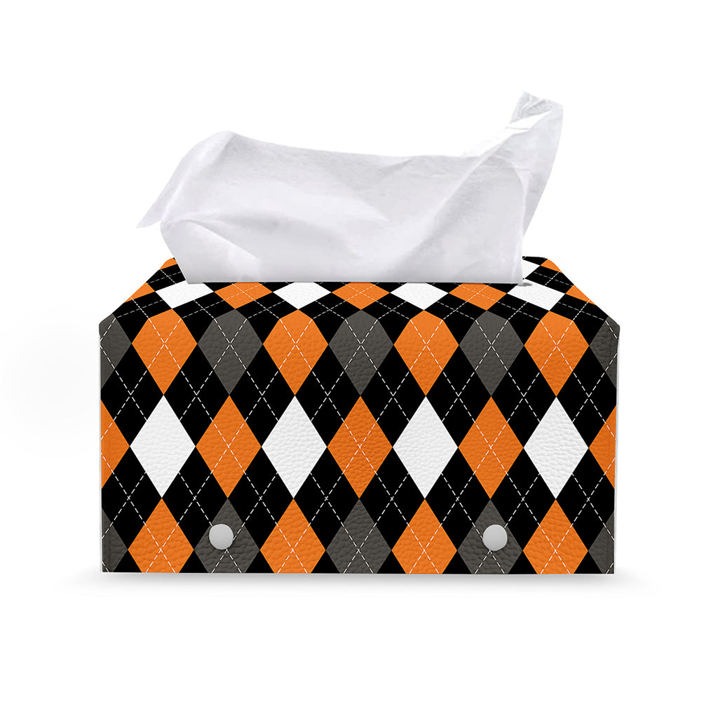 Orange Black Grey And White Argyle Print Leather Tissue Box Cover