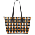 Orange Black Grey And White Argyle Print Leather Tote Bag With Zipper