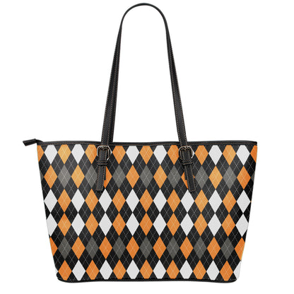 Orange Black Grey And White Argyle Print Leather Tote Bag