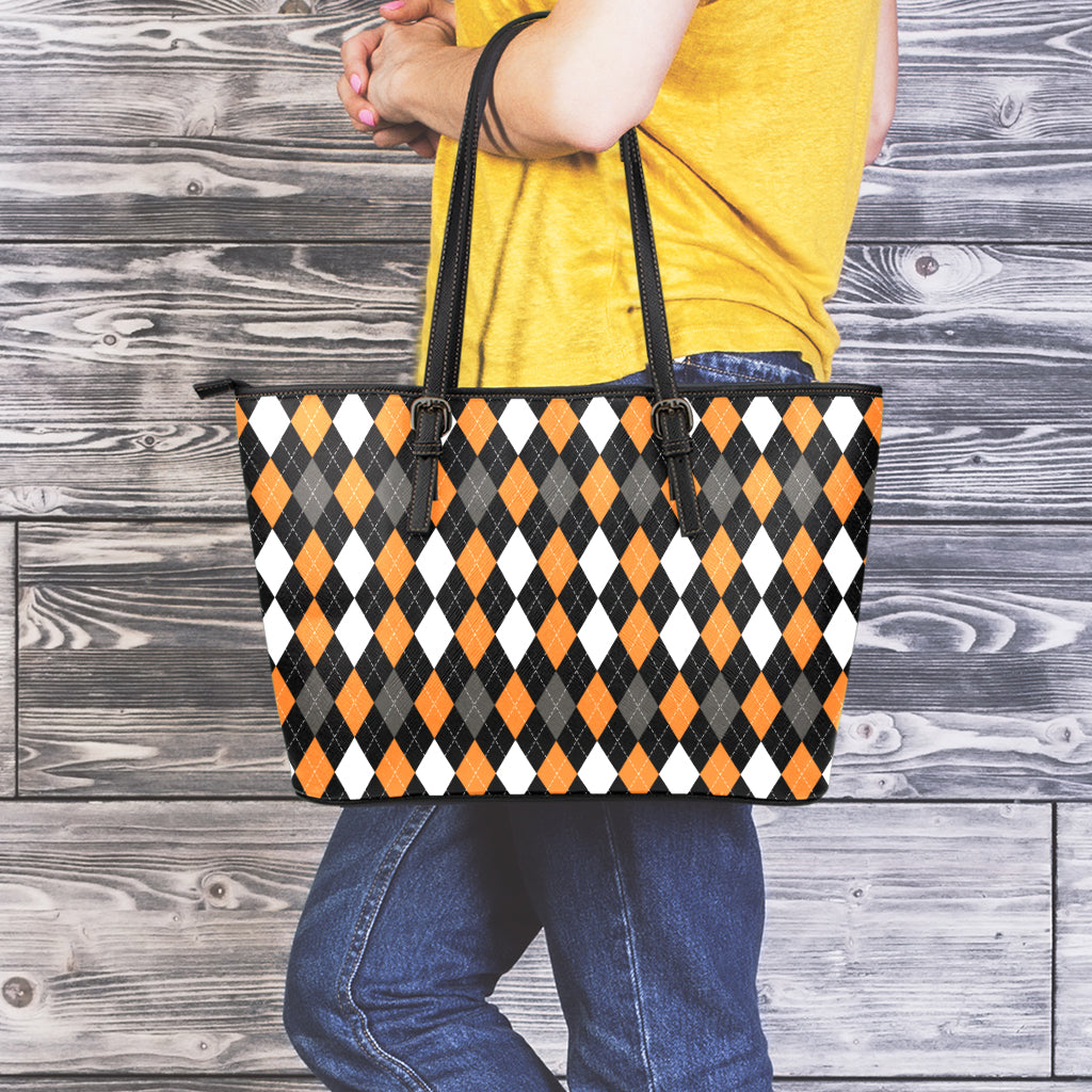 Orange Black Grey And White Argyle Print Leather Tote Bag