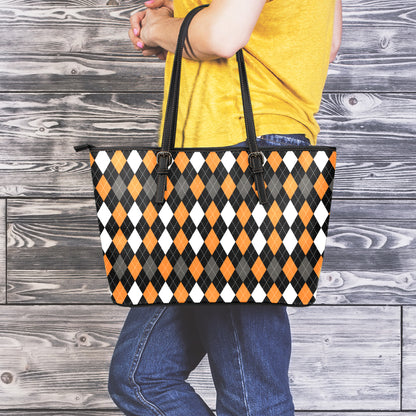 Orange Black Grey And White Argyle Print Leather Tote Bag