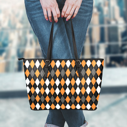 Orange Black Grey And White Argyle Print Leather Tote Bag