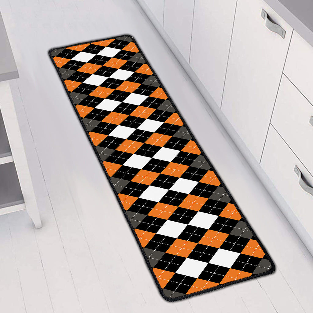 Orange Black Grey And White Argyle Print Long Kitchen Mat