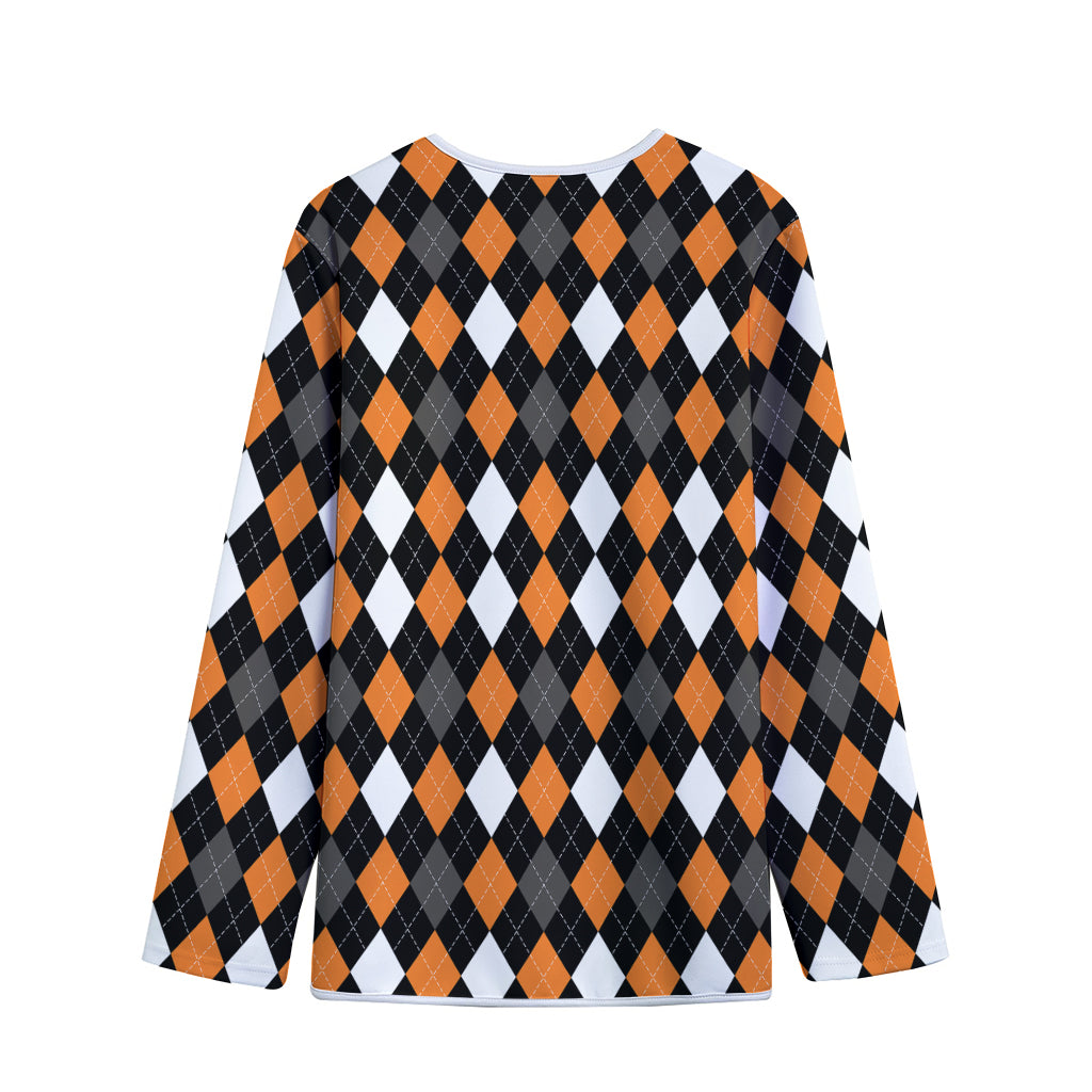 Orange Black Grey And White Argyle Print Long Sleeve Short Coat