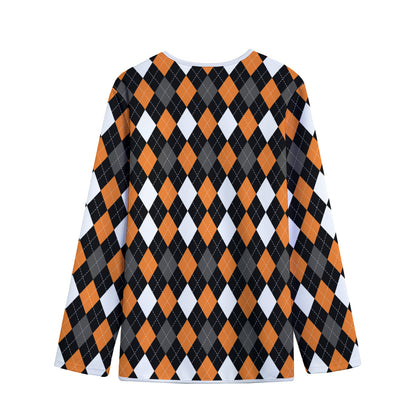 Orange Black Grey And White Argyle Print Long Sleeve Short Coat