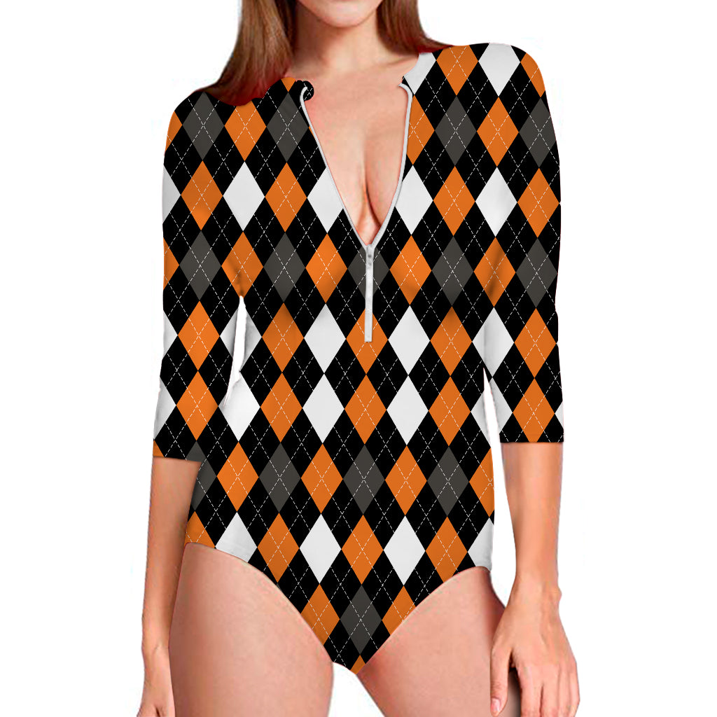 Orange Black Grey And White Argyle Print Long Sleeve Swimsuit