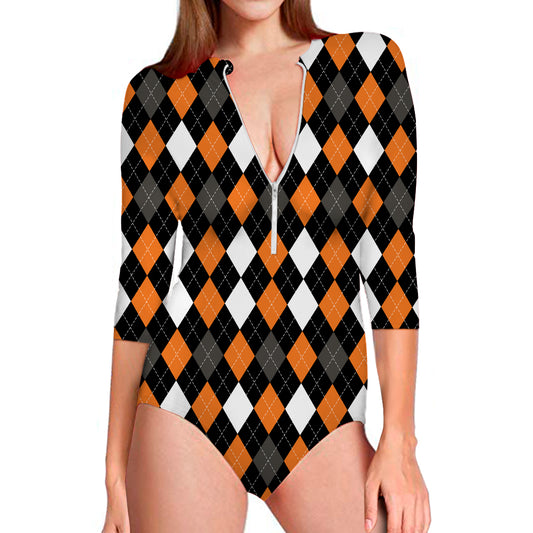 Orange Black Grey And White Argyle Print Long Sleeve Swimsuit