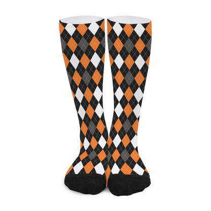 Orange Black Grey And White Argyle Print Long Socks