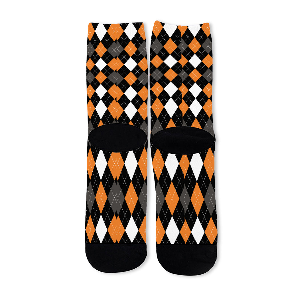 Orange Black Grey And White Argyle Print Long Socks