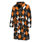 Orange Black Grey And White Argyle Print Men's Bathrobe