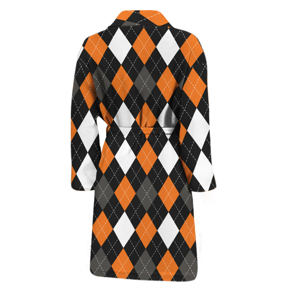 Orange Black Grey And White Argyle Print Men's Bathrobe