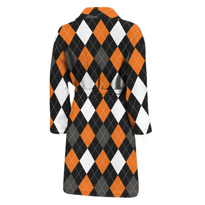 Orange Black Grey And White Argyle Print Men's Bathrobe