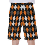 Orange Black Grey And White Argyle Print Men's Beach Shorts
