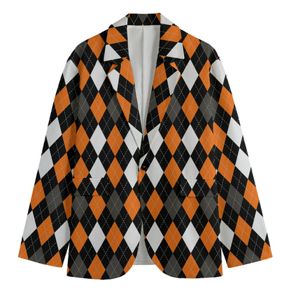 Orange Black Grey And White Argyle Print Men's Blazer
