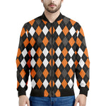 Orange Black Grey And White Argyle Print Men's Bomber Jacket