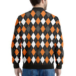 Orange Black Grey And White Argyle Print Men's Bomber Jacket