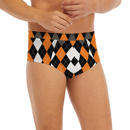 Orange Black Grey And White Argyle Print Men's Briefs