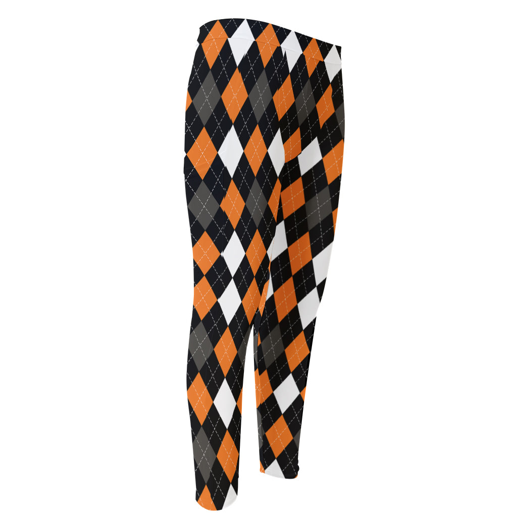 Orange Black Grey And White Argyle Print Men's Compression Pants