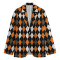 Orange Black Grey And White Argyle Print Men's Cotton Blazer