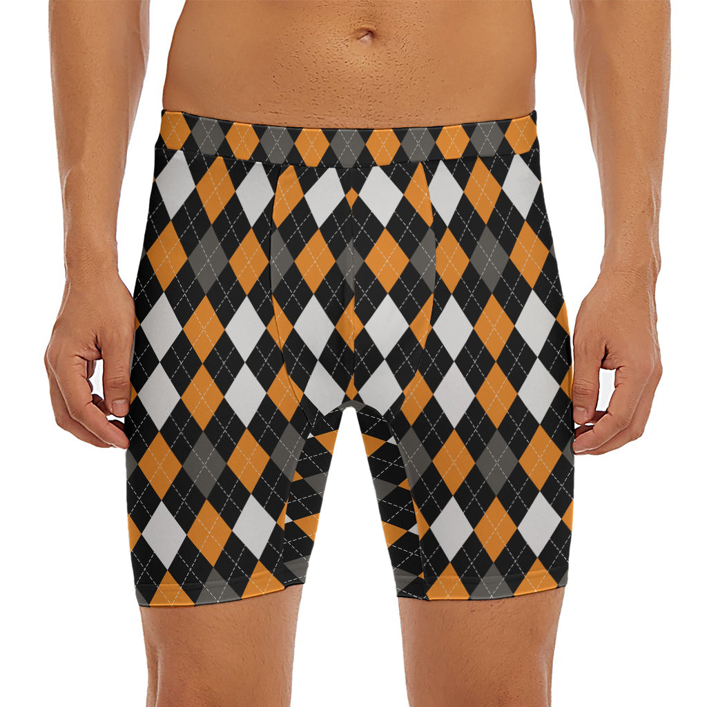 Orange Black Grey And White Argyle Print Men's Long Boxer Briefs