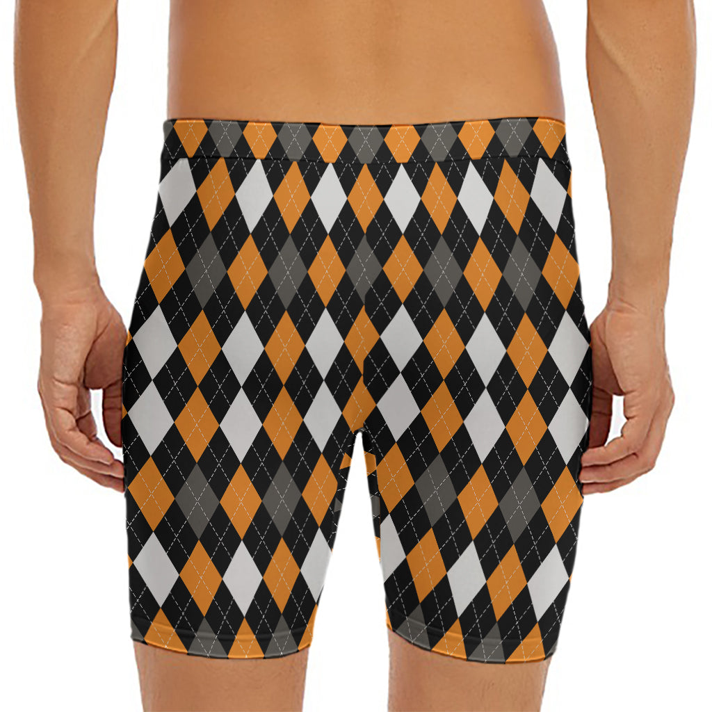 Orange Black Grey And White Argyle Print Men's Long Boxer Briefs