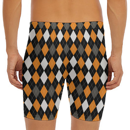 Orange Black Grey And White Argyle Print Men's Long Boxer Briefs