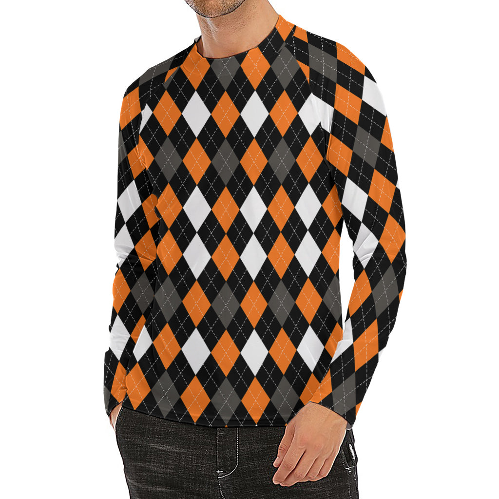 Orange Black Grey And White Argyle Print Men's Long Sleeve Rash Guard