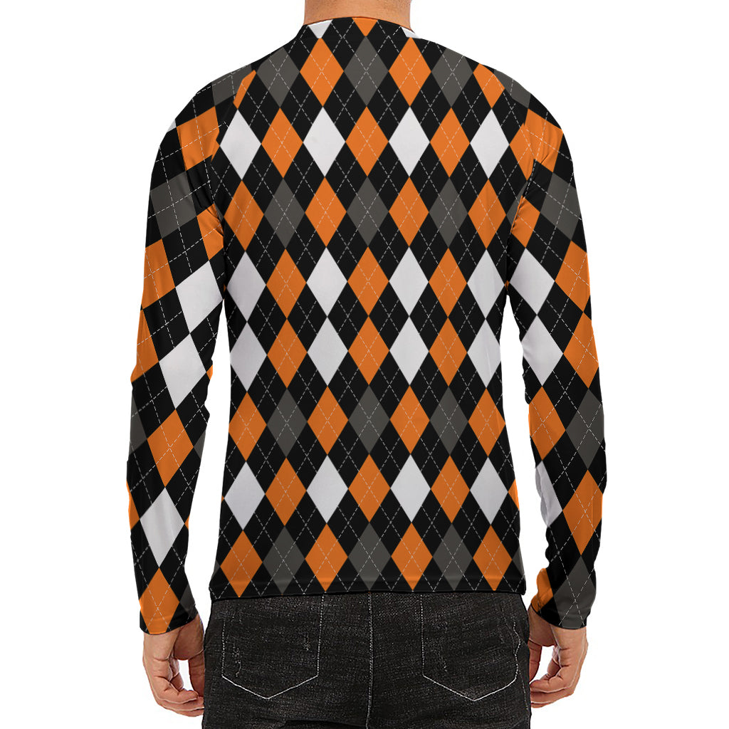 Orange Black Grey And White Argyle Print Men's Long Sleeve Rash Guard