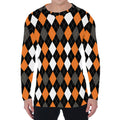 Orange Black Grey And White Argyle Print Men's Long Sleeve T-Shirt