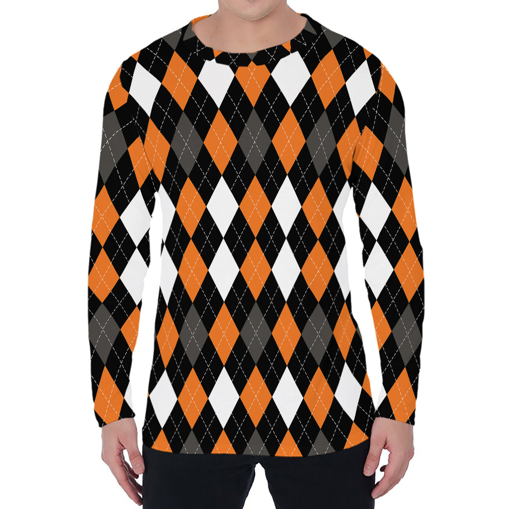 Orange Black Grey And White Argyle Print Men's Long Sleeve T-Shirt