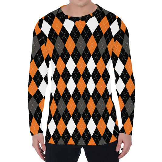 Orange Black Grey And White Argyle Print Men's Long Sleeve T-Shirt