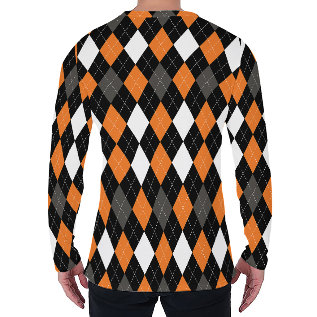 Orange Black Grey And White Argyle Print Men's Long Sleeve T-Shirt