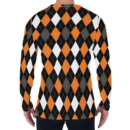 Orange Black Grey And White Argyle Print Men's Long Sleeve T-Shirt