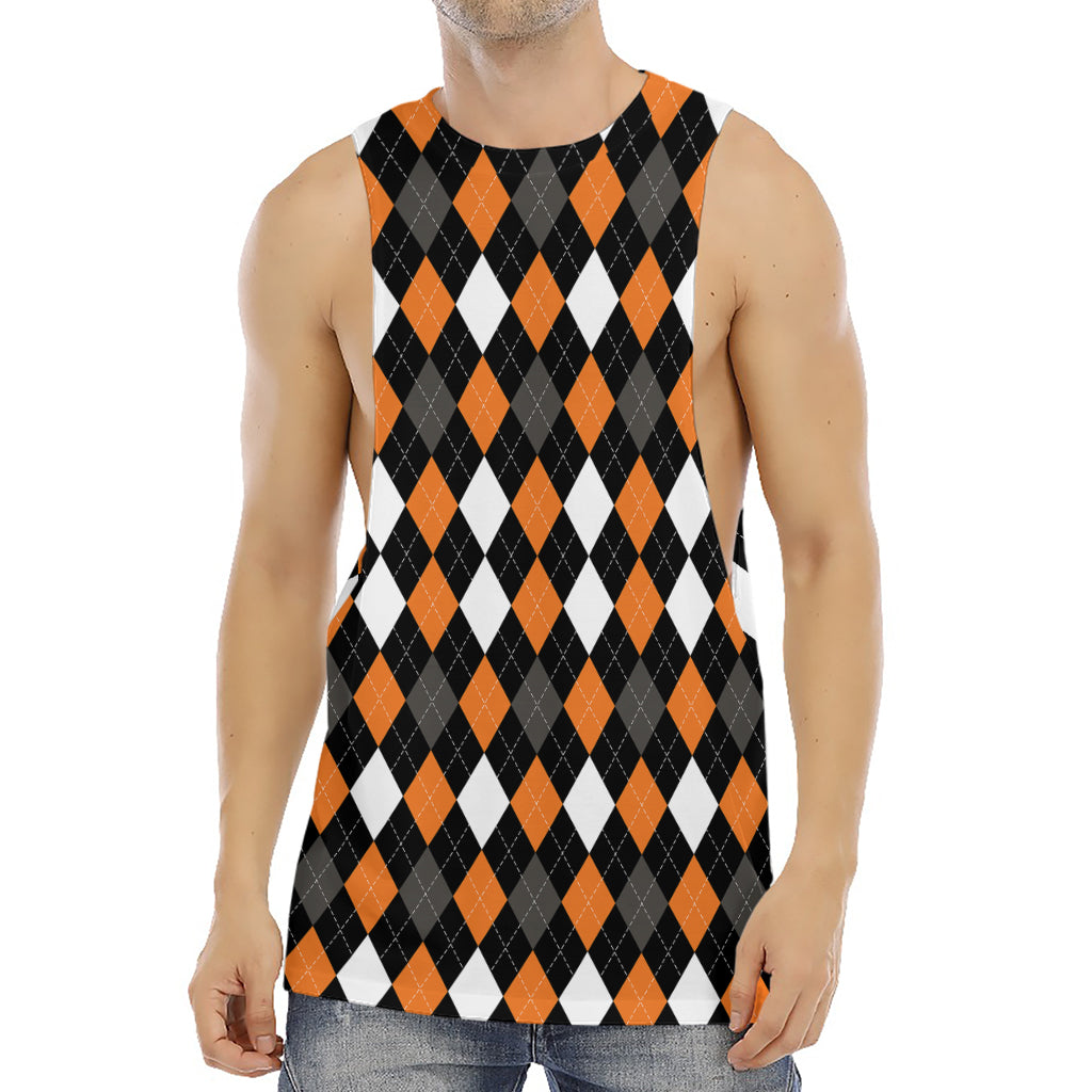 Orange Black Grey And White Argyle Print Men's Muscle Tank Top
