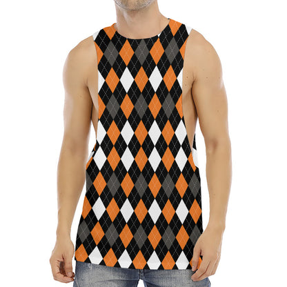 Orange Black Grey And White Argyle Print Men's Muscle Tank Top