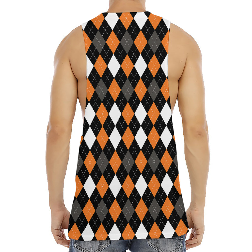 Orange Black Grey And White Argyle Print Men's Muscle Tank Top