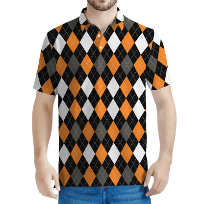 Orange Black Grey And White Argyle Print Men's Polo Shirt