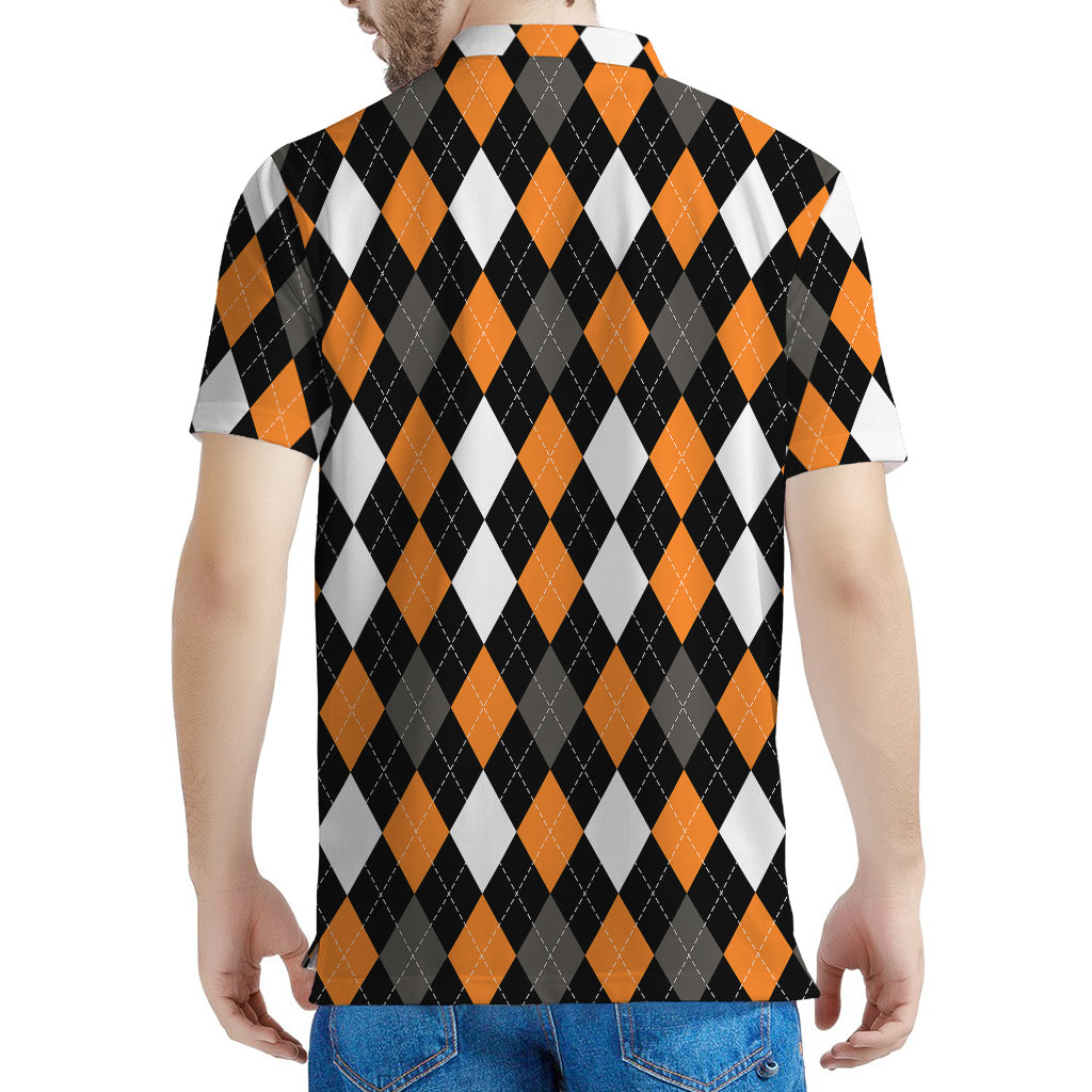 Orange Black Grey And White Argyle Print Men's Polo Shirt