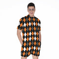 Orange Black Grey And White Argyle Print Men's Romper
