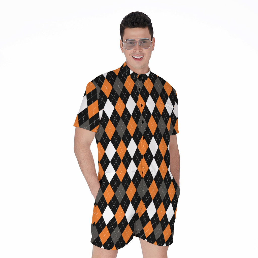 Orange Black Grey And White Argyle Print Men's Rompers