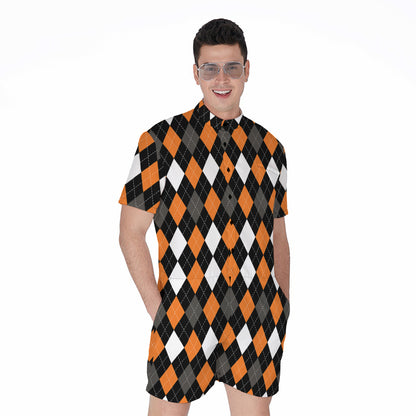 Orange Black Grey And White Argyle Print Men's Rompers
