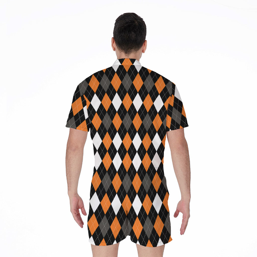 Orange Black Grey And White Argyle Print Men's Rompers