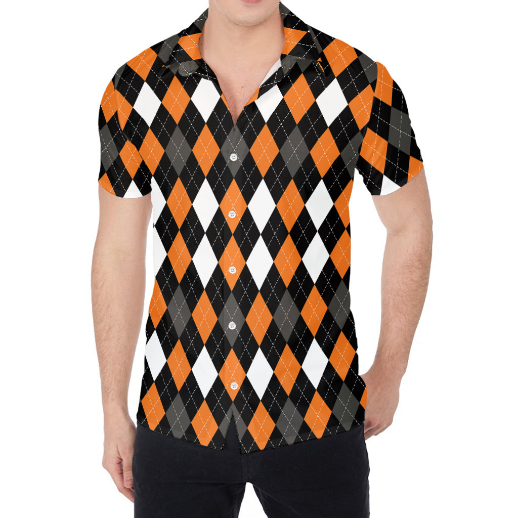 Orange Black Grey And White Argyle Print Men's Shirt